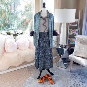 EUC The Moon blue, black & yellow animal print pleated skirt, M/L